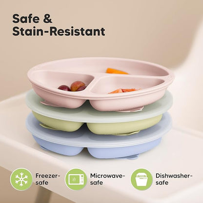 KeaBabies Suction Plates with Lids for Baby - 3-Pack 100% Silicone Suction Plates for Baby, Kids,Toddler Plates,Divided Baby Plates with Suction,Lids, BPA-Free, Microwave, Dishwasher Safe (Rain)