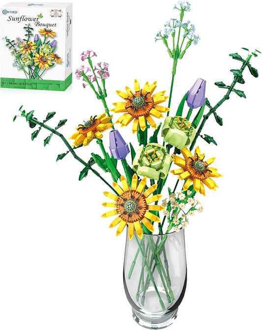 Contixo Flowers Bouquet Building Blocks Set - BK04 Artifical Sunflower Botanical Collection Kids Building Toys Kit 975 PCS, Home Plant Decor Toy Gift for Adults Kids Girls Ages 6+