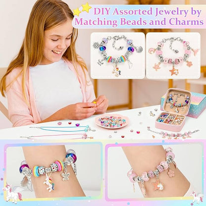 LifeisLuck Charm Bracelet Making Kit - Girls 110 Pcs DIY Charm Jewelry Beads Making Kit, Mermaid Birthday Gifts for Girls Toys Crafts for Little Girls Ages 8-12, with K Initial Travel Jewelry Case