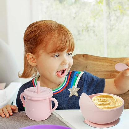 100% Silicone Baby Feeding Set,BPA Free Baby Dishes Set with Suction Bowl Divided Plate,Toddler Self Feeding Dish Set with Spoons Forks Sippy Cup and Bib, Baby Eating Utensils (Pink)