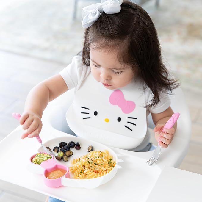 Bumkins Toddler and Baby Suction Plate, Silicone Grip Dish, Baby Led Weaning, Kids Feeding Supplies, Non Skid Sticky Bottom, Platinum Silicone, for Children Ages 6 Months Up, Hello Kitty