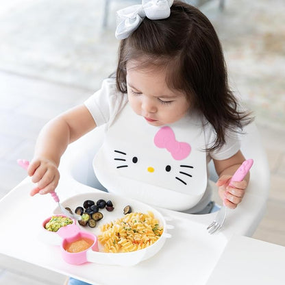 Bumkins Toddler and Baby Suction Plate, Silicone Grip Dish, Baby Led Weaning, Kids Feeding Supplies, Non Skid Sticky Bottom, Platinum Silicone, for Children Ages 6 Months Up, Hello Kitty