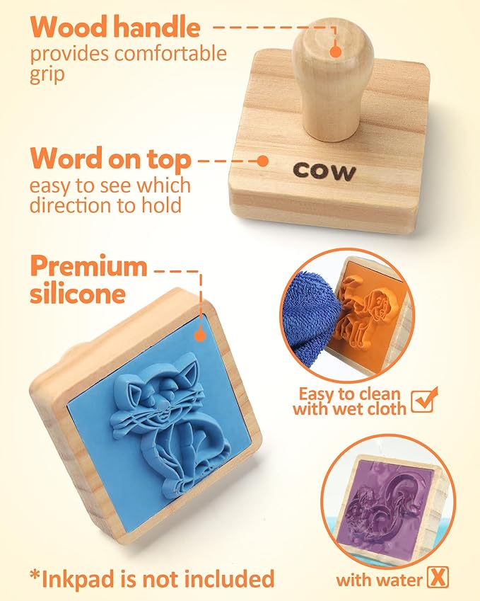 Coogam Wooden Animal Stamps Printing Toy Set, 20pcs Color Shape Stamping for DIY Scrapbook Arts Crafts Supplies Party Favor Toy Gift with Markers Suitable for 3 4 5 Year Old Kids