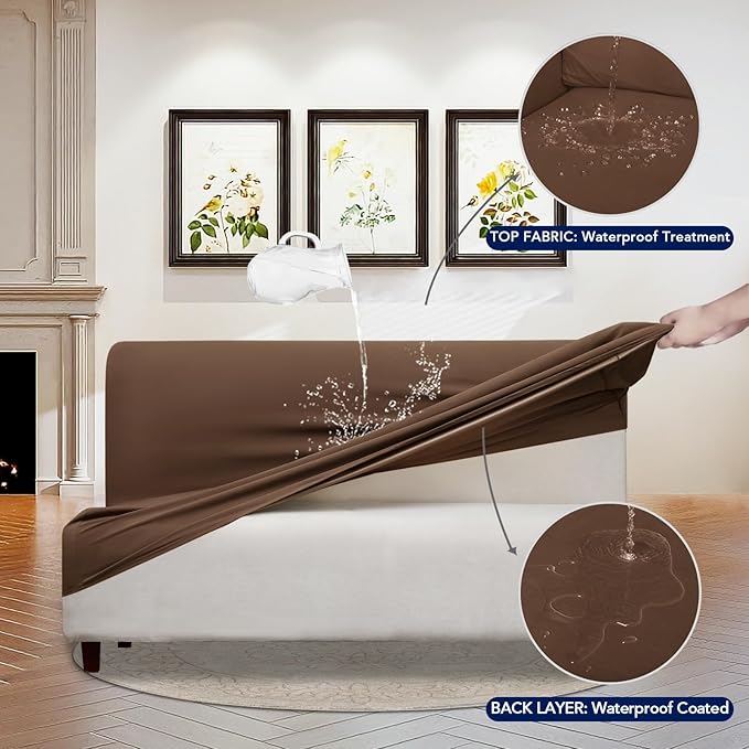 PureFit 100% Dual Waterproof Futon Cover, Waterproof Couch Cover for Futon - Stretch Non Slip Fleece Sofa Covers Washable, Leakproof Furniture Protector for Kids, Pets, Dog (Futon, Brown)