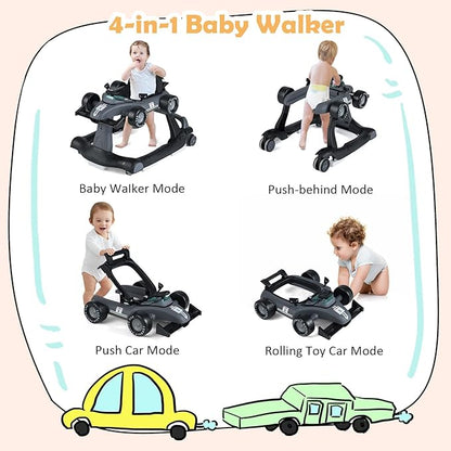 HONEY JOY 4-in-1 Baby Walker, Activity Push Walker w/3 Adjustable Heights, Smooth Wheels w/Adjustable Speed, Padded Seat, Music & Light, Foldable Car Walker for Baby Boys Girls Age 6 Months+ (Gray)
