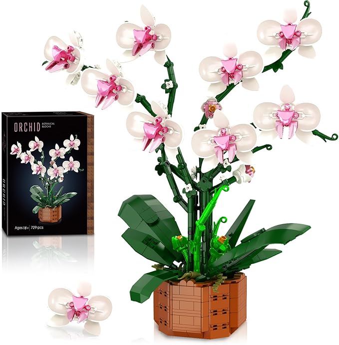 Orchid Building Blocks Set with LED Light – DIY Artificial Flower Kit for Home Decoration, for Adults and Kids 6-14,Ideal for Christmas,Birthdays,and Special Occasions,729-Piece