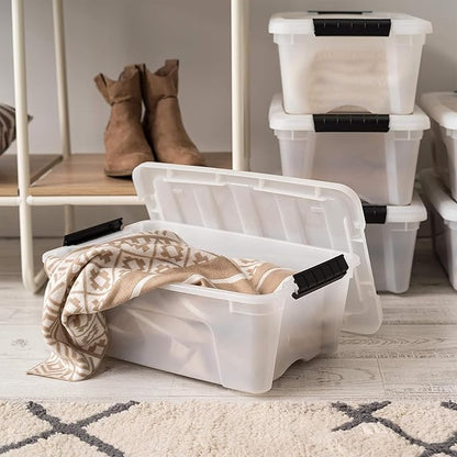 IRIS USA 13 QT Plastic Storage Box with Lid and Latches - 6 Pack - BPA-Free, Discreet Organizing Solution, Durable Nestable Stackable Containers, Secure Pull Handle - Pearl
