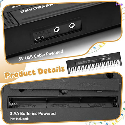 61 Keys Kids Piano Keyboard Toy with Mic – Portable Electronic Piano for 3 4 5 6 7 8 Girls Boys Beginners Birthday Xmas Gifts, Black