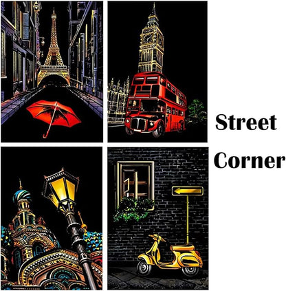 Georgie Porgy Scratch Paper Art Set for Kids Adults Magic Rainbow Scratchboards for DIY Arts and Crafts Kits Christmas Birthday Gift with Scratching Tools Kit (A3+A4-Van Gogh + Street Corner)