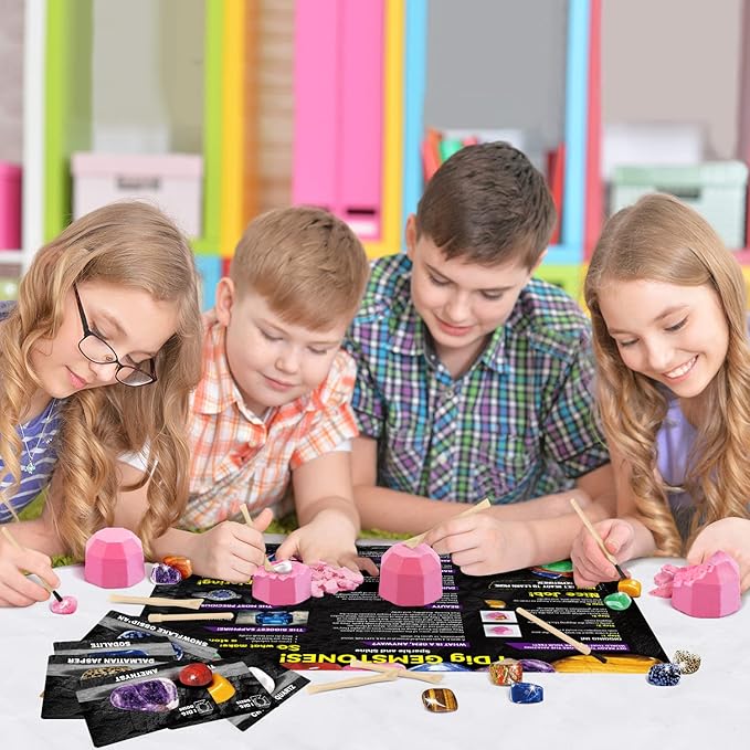 Byncceh Gemstones Dig Kit - Dig it up 12 Real Gemstone and Crystal for Kids Gems Digging Kit Mineral & Rock Collection for Kids Archaeology Geology Science Educational Gift STEM Toys for Boys & Girls