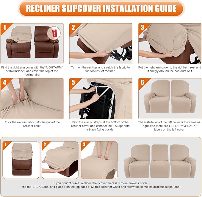 VANSOFY Recliner Cover, 3-Pieces Stretch Reclining Couch Covers with Pockets Reclining Sofa Slipcovers 3 Seater Soft Washable Furniture Protector for Dogs Cats(Cream)