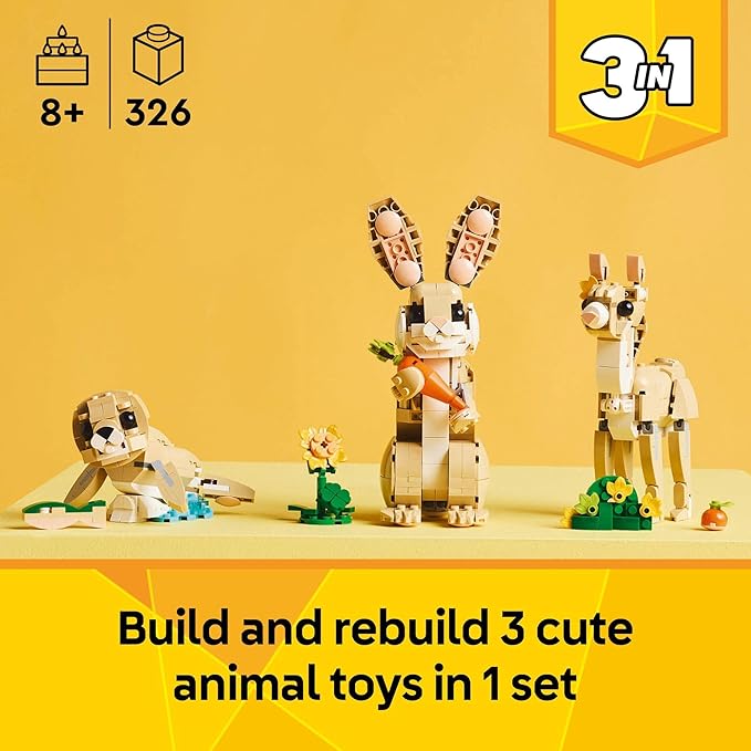 LEGO Creator 3 in 1 Cute Bunny Toy - Building Toy Set with 3 Build Options, Bunny, Seal, or Llama - Animal Figures for Kids, Girls and Boys, Ages 8+ - Gift Idea for Birthdays - 31162