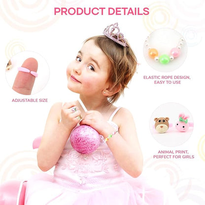 Little Girl Jewel Rings, Adjustable Pink Rings Girls Kids Pretend Play and Dress up Jewelry Set, Cute Rings with Display Case Party Favors Toys Gifts