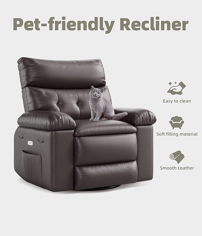 Electric Recliner Chair - 360° Rocker Swivel Recliner with Heat and Massage, PU Leather Large Power Recliner for Adults, Comfortable Lazy Chair with 1.5X Sponge Filling for Living Room