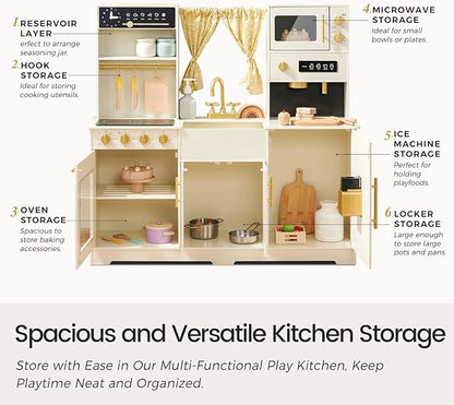 Tiny Land Play Kitchen for Kids, Toy Kitchen Set with Plenty of Play Features, New Modern Kids Wooden Play Kitchen Designed in Trendy Home Style with Curtains, Gift for Ages 3+