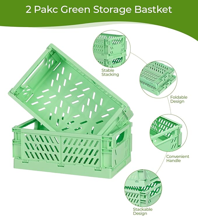 HUUSMOT 2-Pack Small Pastel Plastic Storage Baskets, Collapsible Crates for Organizing, Space-Saving Mini Bins for Classroom, Kitchen, Office, Bedroom (Green, 9.8" x 6.5" x 3.8")