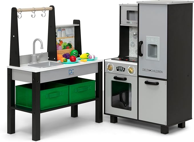 Delta Children Gourmet All-in-One Corner Play Kitchen - Toy Kitchen Playset with Safe & Heatless Stove with Lights, Oven, Sink, Fridge/Freezer with Ice Maker and 20 Accessories, Grey