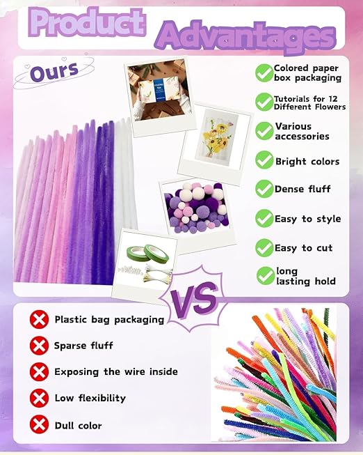 500 Pcs Gradient Purple Pipe Cleaners Flower kit,Chenille Stems for DIY Art Projects Creative Gift,Pipe Cleaners Craft with tutoria,Pearls,Pompoms,Green Floral Wires,Gardening Tape,Stamen