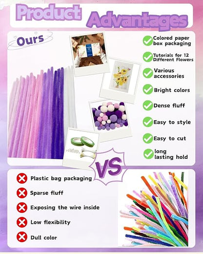 500 Pcs Gradient Purple Pipe Cleaners Flower kit,Chenille Stems for DIY Art Projects Creative Gift,Pipe Cleaners Craft with tutoria,Pearls,Pompoms,Green Floral Wires,Gardening Tape,Stamen