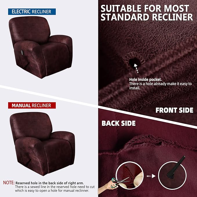 molasofa Recliner Chair Covers - 4 Pieces Leather Like Large Recliner Chair Covers with Pocket Waterproof Non Slip Stretch Recliner Slipcover for Lazy Boy Recliner Chair Washable (Red)
