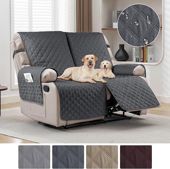 Waterproof Recliner Couch Cover,Non-Slip Recliner Cover with Elastic Straps,Leakproof Furniture Protector for Kids,Dog and Cat (2 Cushion Loveseat, Dark Gray)