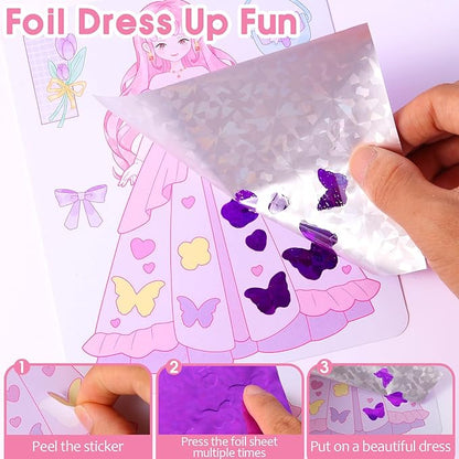 Princess Dress Up Game Set, 7 in 1 Activity Book for Kids, Foil Art & Diamond Painting, Art Craft Kit Gift for Kids Ages 4 5 6 7 8 9+ Year Old
