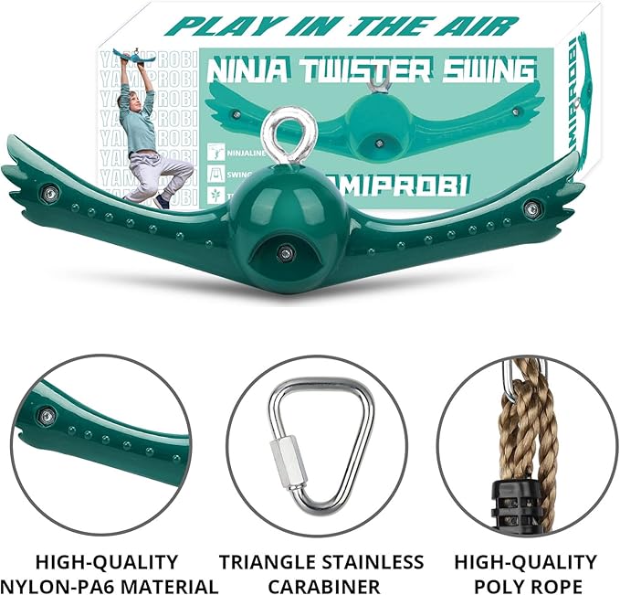 YAMIPROBI Swing Spins Set: 360° Handle Twist-Spin Flips Toy - Slackline Attachments Activate Play Powers - Accessories for Kids' Playground and Backyard Fun, Green