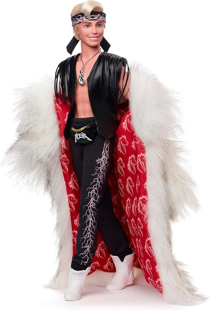 Barbie The Movie Collectible Ken Doll Wearing Big Faux Fur Coat & Black Fringe Vest with Bandana (Amazon Exclusive)