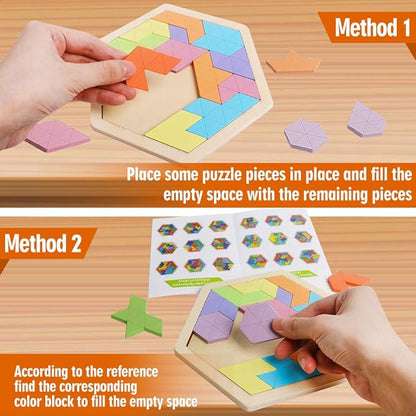 Skrtuan Wooden Hexagon Puzzle for Kid Adults Wooden Blocks Puzzle Brain Teasers Toy Shape Pattern Blocks Tangram Puzzles Games Family Portable Montessori Educational Gift for All Ages Children