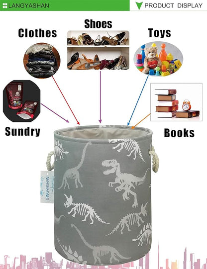 LANGYASHAN Laundry Basket Canvas Collapsible Organizer Storage Basket for Boys Girls Laundry Hamper Toy Bins Gift Baskets Bedroom Clothes Children Nursery (Gray Dinosaur skeleton)