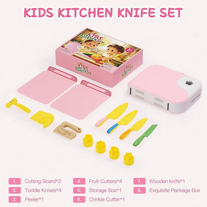 Kids Kitchen Knife Set for Real Cooking with Storage Box Pink, Montessori Kitchen Toy with Cutting Board, Plastic Toddler Knives, Peeler, Wooden Safe Knife for Age 3 4 5 6 7 8