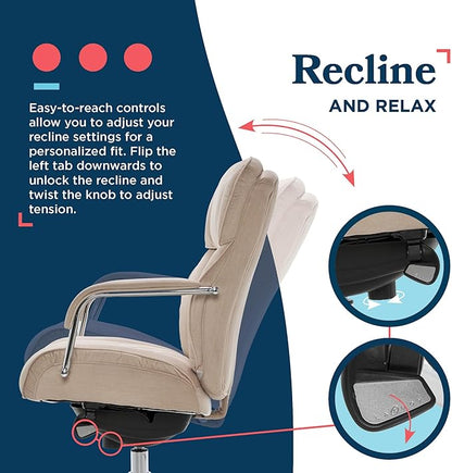 La-Z-Boy Sutherland Quilted Leather Executive Office Chair with Padded Arms, High Back Ergonomic Desk Chair with Lumbar Support, Cream Microfiber Fabric