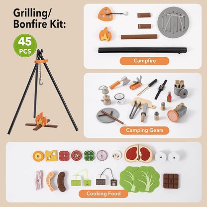 Kids Camping Set 45Pcs with Children’s Shinning Flashlight&Carrying Bag - Outdoor Campfire Toys Set for Toddlers- Cutting Food for Play Kitchen Gear Tools Indoor Outside Boys Girls Birthday Xmas Gifts