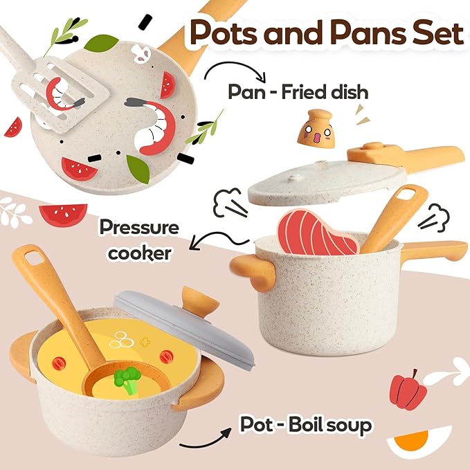 Play Kitchen Pots and Pans Set for Kids, Pretend Role Play Cooking Toys Gifts for Toddlers Girls Boys Ages 3 4 5 6