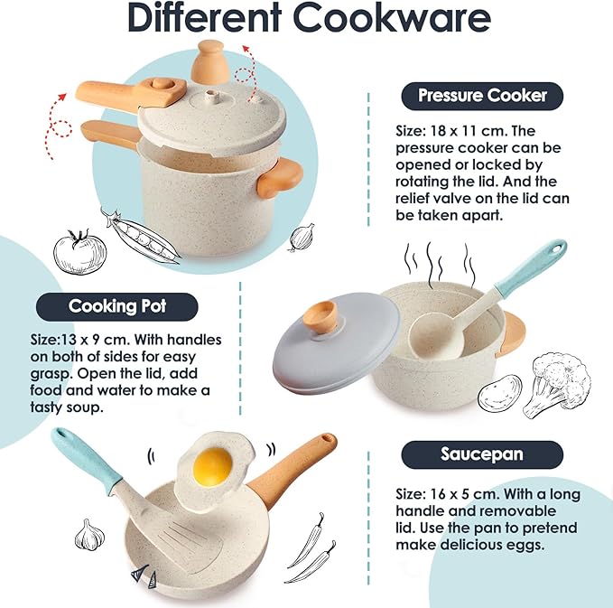 BUYGER Pretend Play Kitchen Accessories Toys Set, Cookware Pots and Pans Cooking Utensils Playset Gifts for 3 4 5 Years Old Kids Girls Boys Toddler