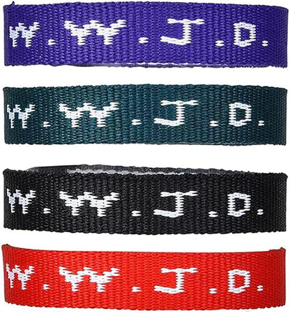 AMERICAN WIT Colorful W.W.J.D. Webbing Bracelets (12 Pack) (“What would Jesus do?”) Colors: black, army green, purple, bright red Religious Christian Wristband,
