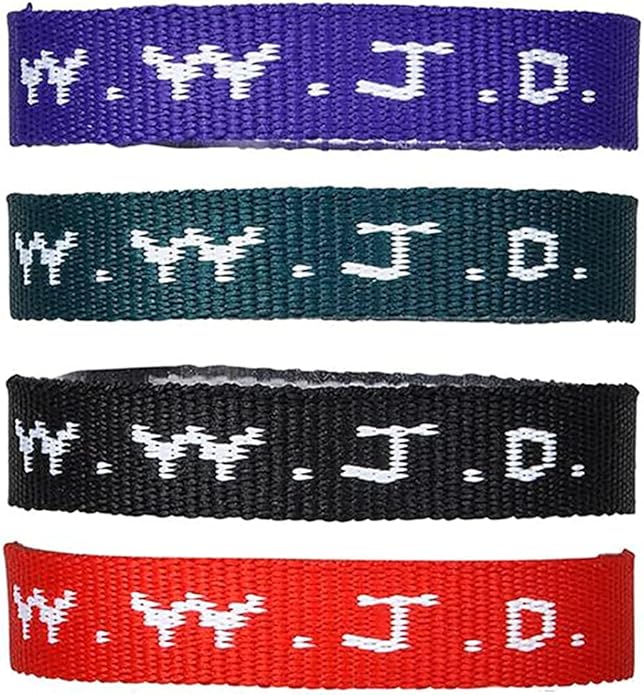 AMERICAN WIT Colorful W.W.J.D. Webbing Bracelets (48 Pack) (“What would Jesus do?”) Colors: black, army green, purple, bright red Religious Christian Wristband,