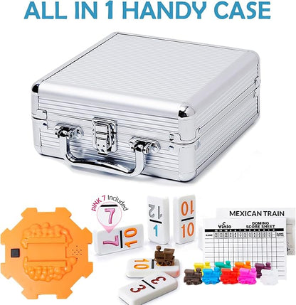 Yinlo Mexican Train Domino Set with Sound Effect, Dominoes Set for Travel, 91 Tiles Double 12 Colored Dominoes Travel Game Set with Aluminum Case（Adult Edition