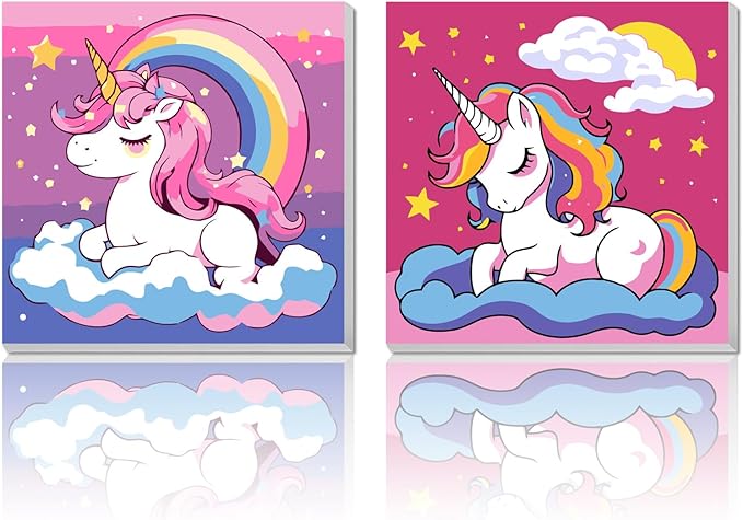 2 Pack Paint by Numbers Kit for Kids - Age 4-8, Framed Canvas, Cartoon Drawing, Color by Number, 8x8 Inch