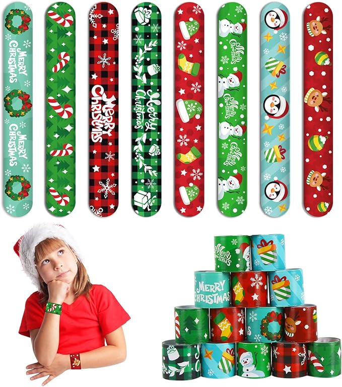 CCINEE 48Pcs Christmas Slap Bracelets，Xmas Slap Wristbands Assorted Christmas Theme Pattern Snap Wristbands for Kids Christmas Party Favors Gift Bag Filler