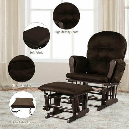Costzon Nursery Glider with Ottoman, Upholstered Comfort Glider Rocker with Padded Cushion, Storage Pocket, Solid Wood Base, Rocking Chair Nursery for Breastfeeding, Maternity, Napping (Brown)