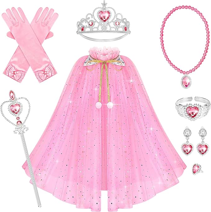 10 Pieces Princess Cape Set Dress up Clothes for Little Girls Party Cosplay Cloak with Jewelry Tiara Crown Wand Gloves