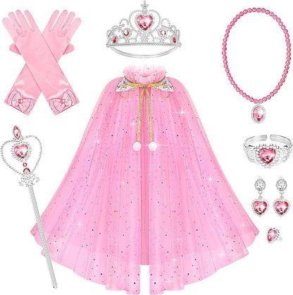 10 Pieces Princess Cape Set Dress up Clothes for Little Girls Party Cosplay Cloak with Jewelry Tiara Crown Wand Gloves