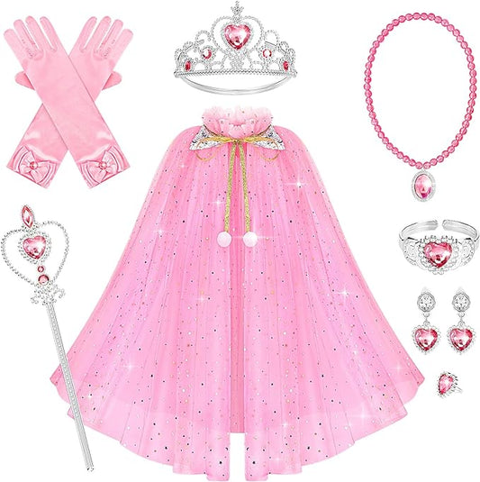 10 Pieces Princess Cape Set Dress up Clothes for Little Girls Party Cosplay Cloak with Jewelry Tiara Crown Wand Gloves