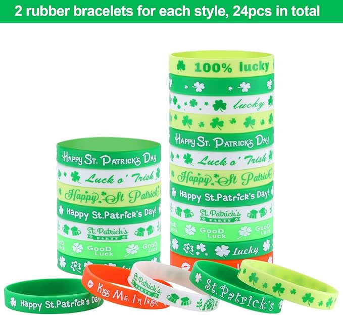 xutengy 48PCS St. Patricks Day Party Favors Accessory，Rubber Bracelets Silicone Wristbands for Party Supplies Shamrock Rubber Bracelets for kids teens Gifts Holiday