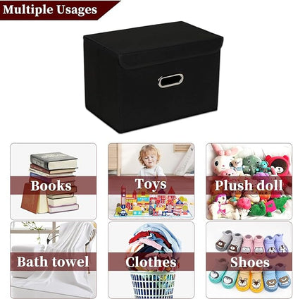 STOREONE Fabric Storage Cube Bins Foldable Organizer Container Collapsible Basket with Lids and Metal Handles, for Home, Bedroom, Closet 6 Pcs (Black)
