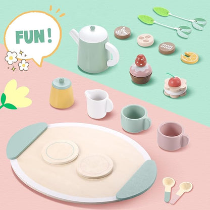 GAGAKU Wooden Tea Set for Kids, Wood Tea Party Set for Little Girls Wooden Coffee Afternoon Tea Toys Play Food forToddler Pretend Play Kitchen Accessories for Kids