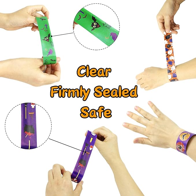 48 PCS Halloween Slap Bracelets for kids bulk, Halloween Snap Bracelets Toys Slap Bracelets Wristbands for Happy Halloween Party Favors