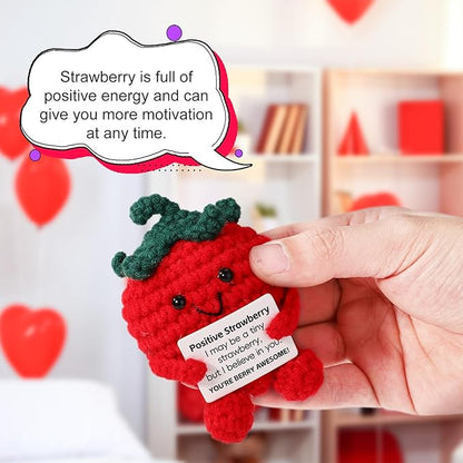 Cute Positive Strawberry, Crochet Strawberry Emotional Doll Support Fruit Knitted for Empowering Gift Home Office Decoration (Red)