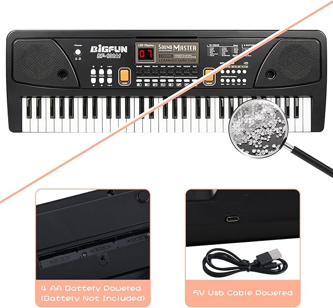 Raimy Piano Keyboard for Beginners, 61 Keys Portable Electronic Digital Piano with Microphone, Learning Educational Music Keyboard Piano for Kids Gifts Toys for Boys Girls Toddlers (Black)